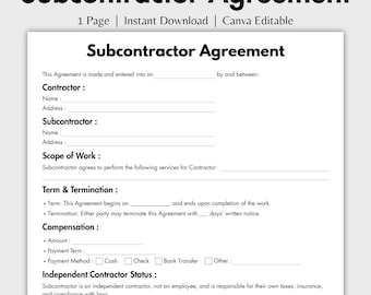 Overeenkomst onderaannemer met één pagina, bewerkbaar canvas voor opdrachtonderaannemer, afdrukbaar contractformulier onderaannemer, hoofdaannemer