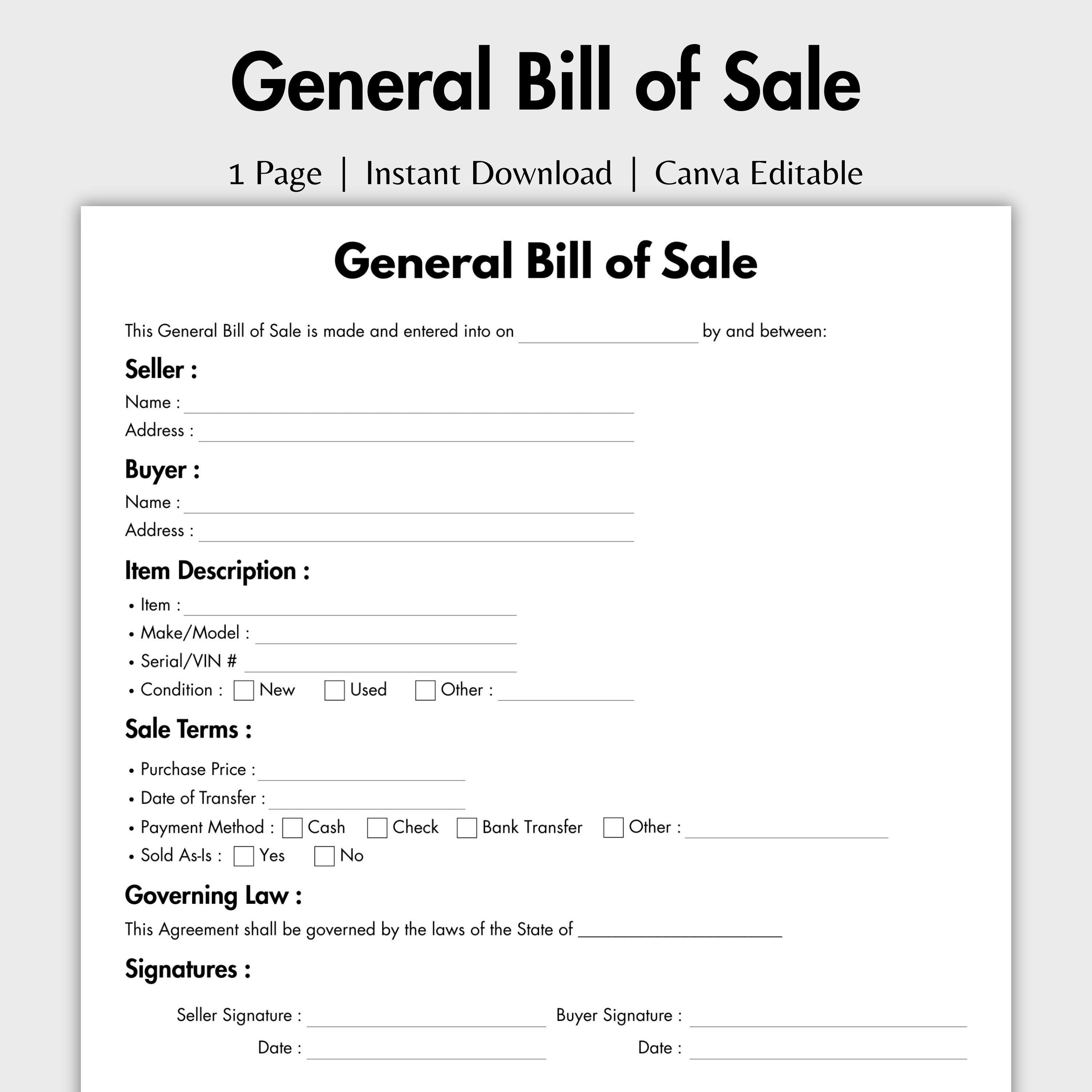 One Page General Bill of Sale, Editable Bill of Sale Form Template
