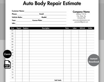 Auto Body Repair Estimate Black, Auto Repair Estimate Template, Editable Mechanic Bill Estimate, Printable Body Shop Estimate, Instant PDF