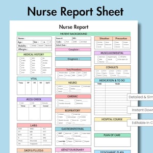 May include: A printable nurse report sheet with sections for patient background, medical history, vital signs, medication and to do, and more. The sheet is designed to be used by nurses to document patient care.