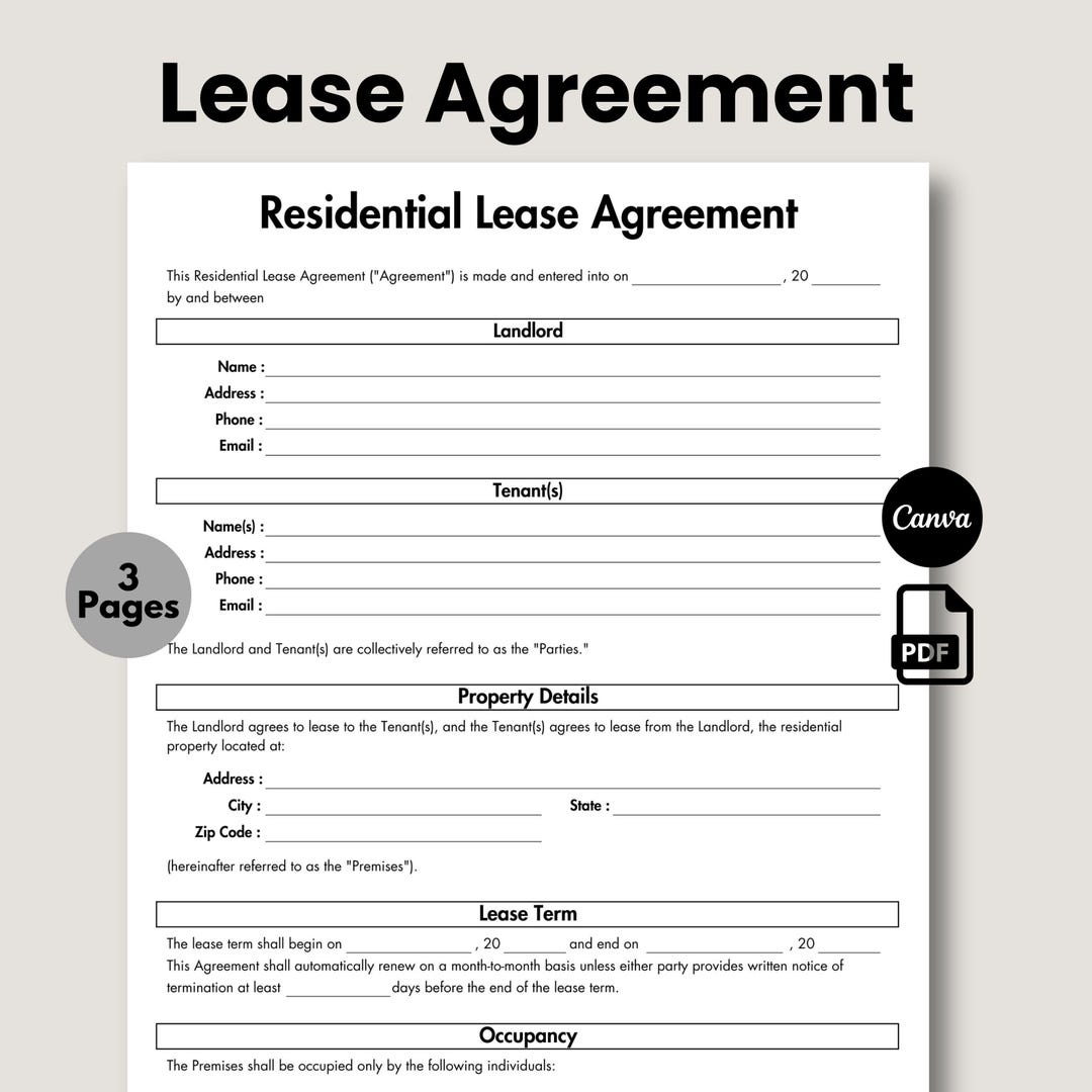 Residential Lease Agreement, Editable & Printable, Simple Rental Lease