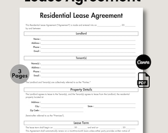 Residential Lease Agreement, Editable & Printable, Simple Rental Lease Agreement, Landlord Forms, Housing Agreement, Generic Lease Template