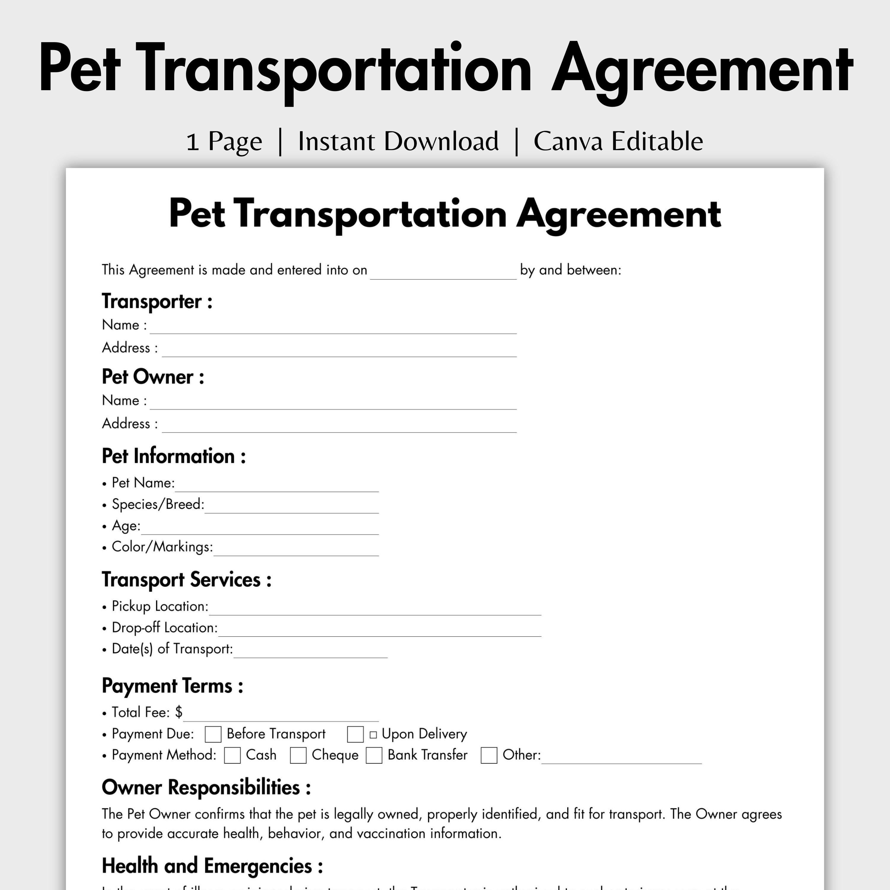 One Page Pet Transportation Agreement, Editable Animal Courier Contract ...