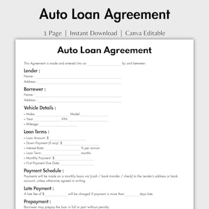 以下が含まれることがあります： 黒いテキストで「Auto Loan Agreement」というタイトルの白いドキュメント。ドキュメントには、貸し手と借り手の情報、車両の詳細、ローンの条件、支払いスケジュールに関するセクションが含まれています。 Canvaで編集可能。