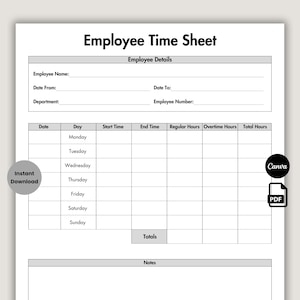 Employee Time Sheet Template, Editable Timekeeping Sheet Form, Staff Management, Printable Weekly Timesheet, Work Hours, Timecard, Canva