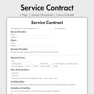 One Page Service Contract, Editable Services Contract Agreement Template Canva, Printable Business Contract form, Client Contract, Digital