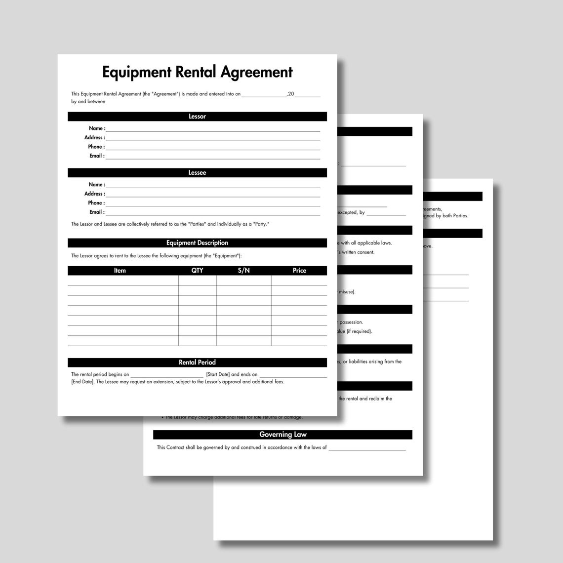 Editable Equipment Rental Agreement, Printable Equipment Rental ...