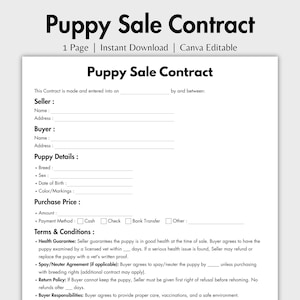 Puede incluir: Una plantilla de contrato de venta de cachorros imprimible en blanco y negro. El contrato incluye secciones para la información del vendedor y del comprador, los detalles del cachorro, el precio de compra, el método de pago, la garantía de salud, el acuerdo de esterilización/castración, la política de devolución y las responsabilidades del comprador.