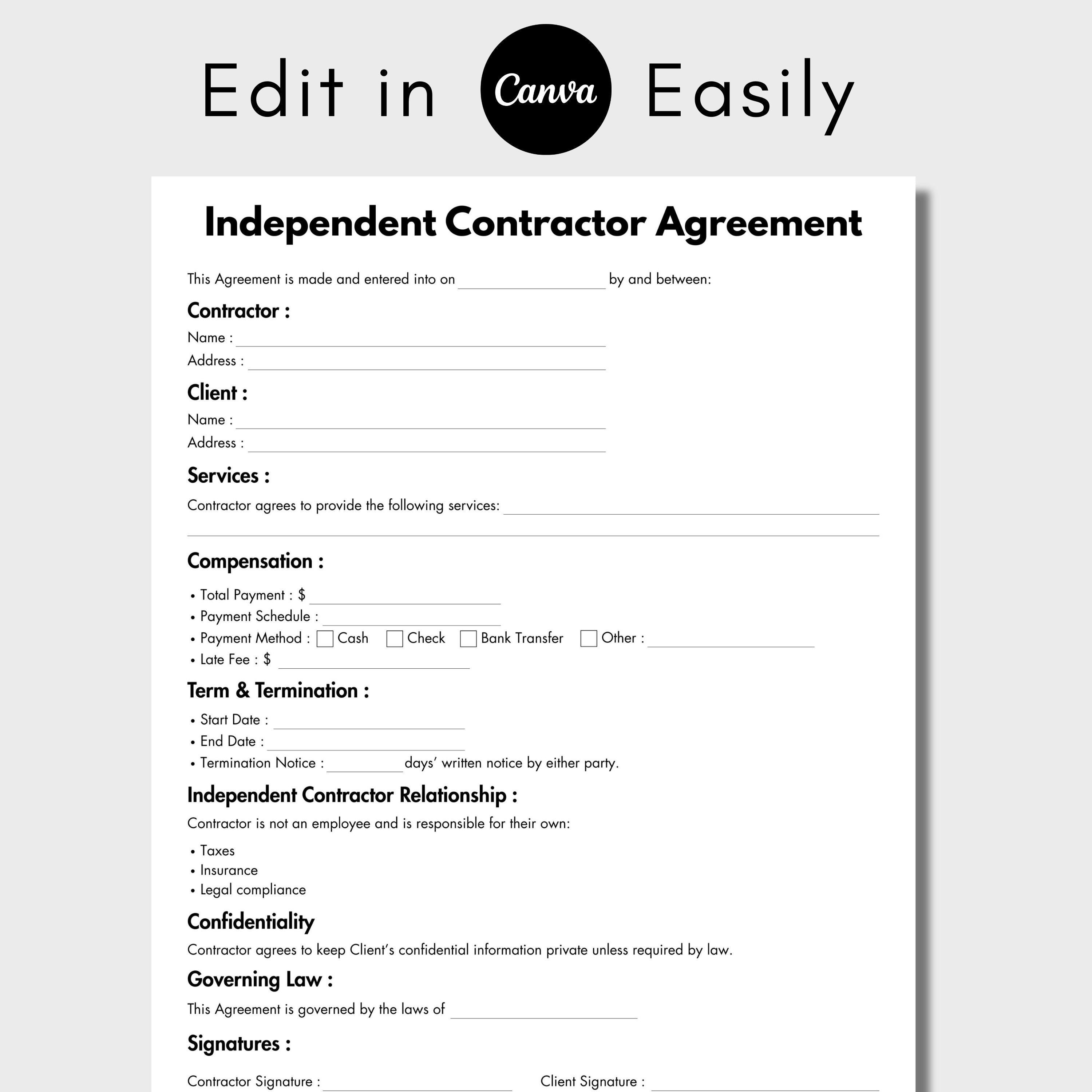 View of One Page Independent Contractor Agreement, Editable Business Contract ...