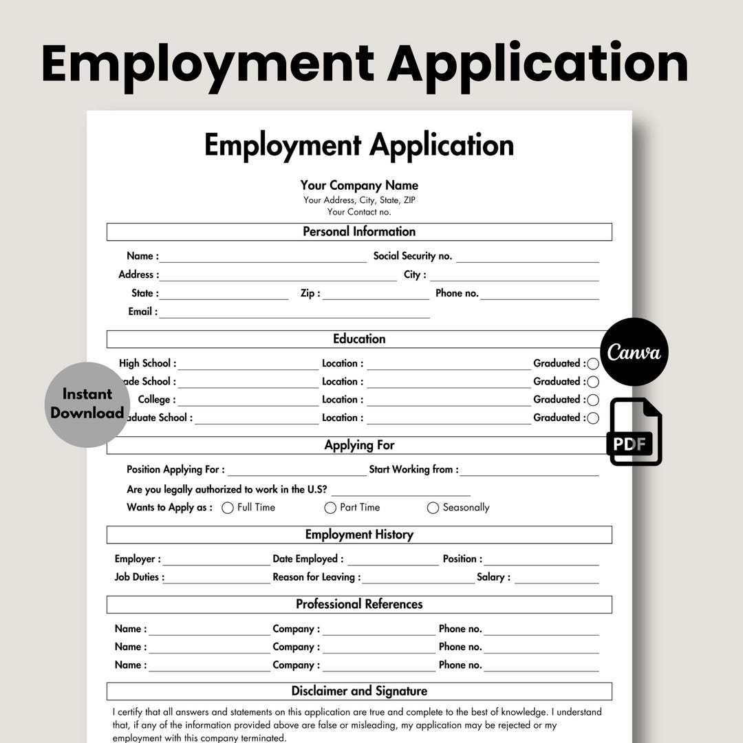 Employee Application, Editable & Printable Application for Employment ...