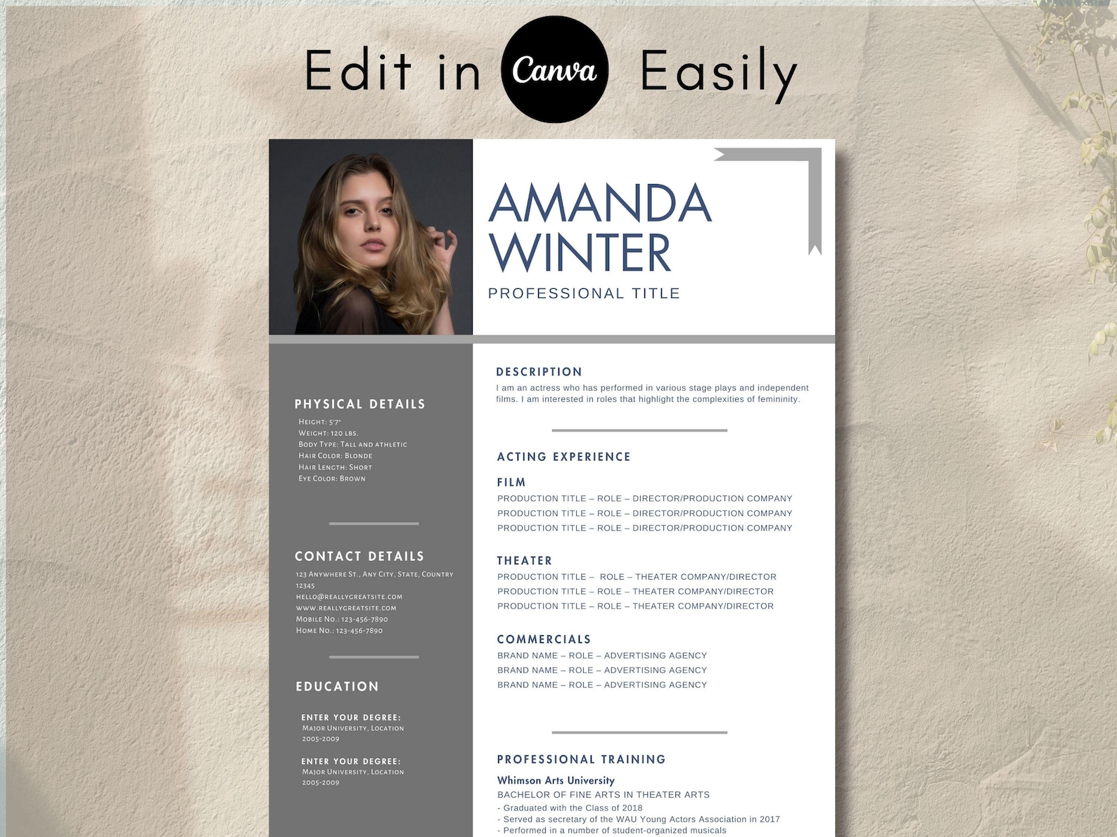 Editable Actress & Actor Resume Template With Photo, Acting Resume ...