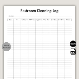 Editable Restroom Cleaning Log, Printable Cleaning Restroom Checklist, Cleaning Log Sheet, Commercial Cleaning, Bathroom Checklist Template