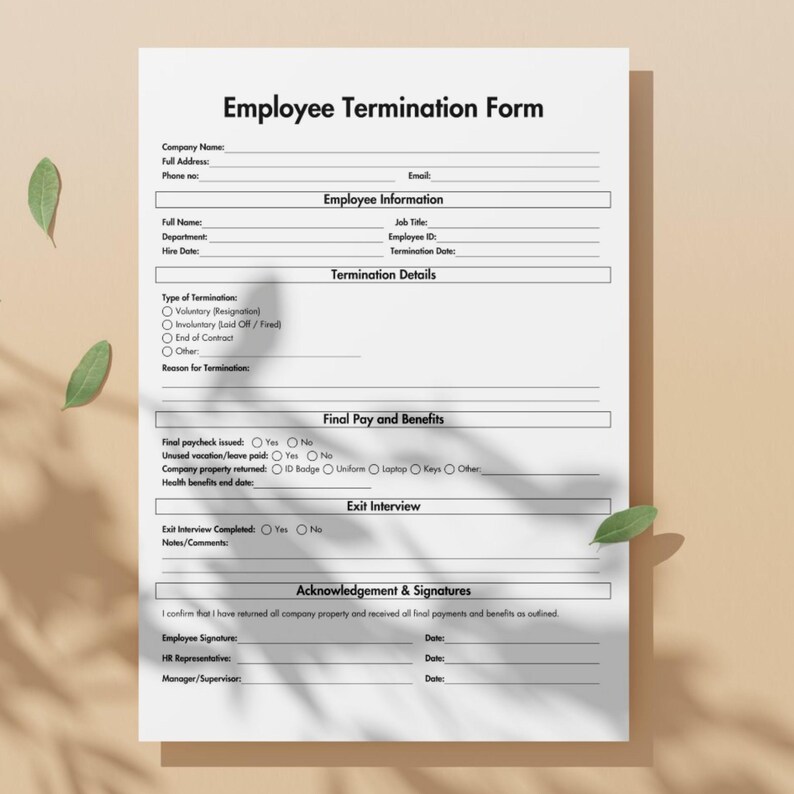 Editable Employee Termination Form Template, Employee Termination Sheet ...