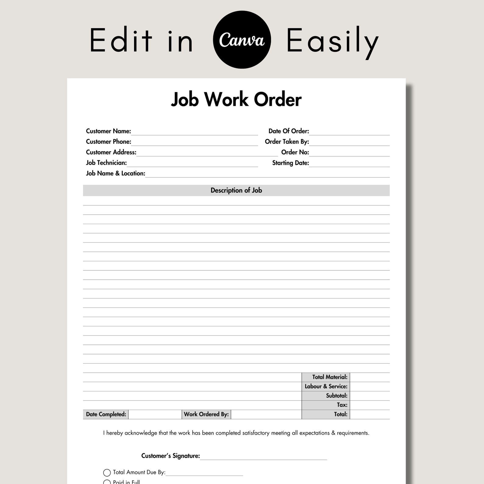 Job Work Order Template, Editable Business Job Work Order Form, Job ...