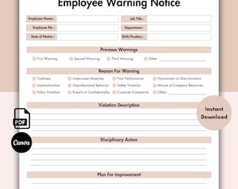 Employee Warning Notice, Employee Discipline Form, Editable Employee Performance Template, Printable Employee Write Up, Disciplinary Warning
