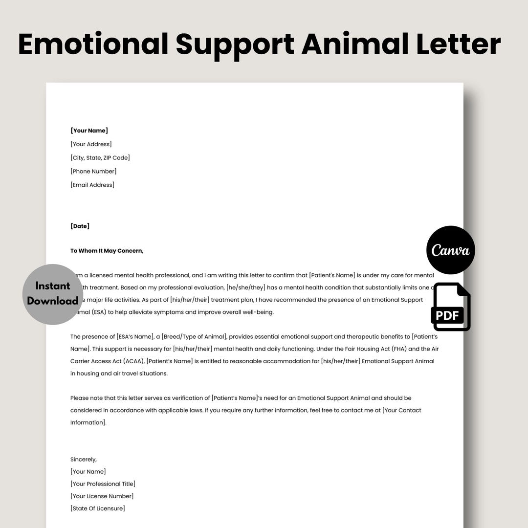 Editable Emotional Support Animal Letter, Printable Service Animal ...