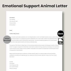 Carta editável para animal de apoio emocional, autorização para animal de serviço para impressão, modelo de acomodação para viagem e moradia da ESA, animal de estimação de companhia