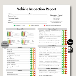 Vehicle Inspection Report, Editable Car or Equipment Rental Inspection Checklist, Used Vehicle Inspection Sheet, Printable Auto Repair PDF