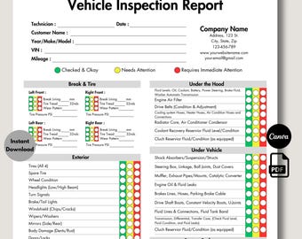 Vehicle Inspection Report, Editable Car or Equipment Rental Inspection Checklist, Used Vehicle Inspection Sheet, Printable Auto Repair PDF
