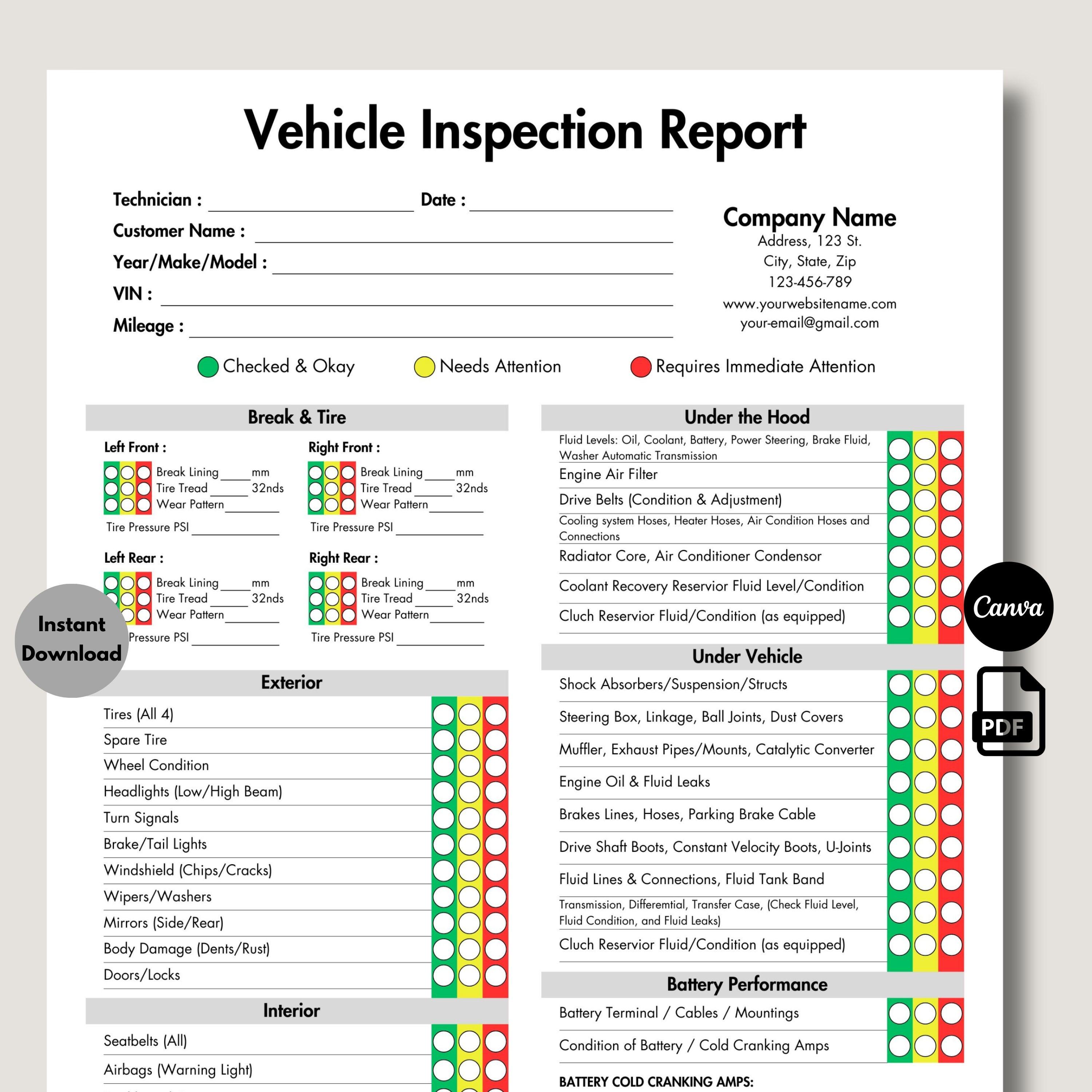 Vehicle Inspection Report, Editable Car or Equipment Rental Inspection Checklist, Used Vehicle Inspection Sheet, Printable Auto Repair PDF