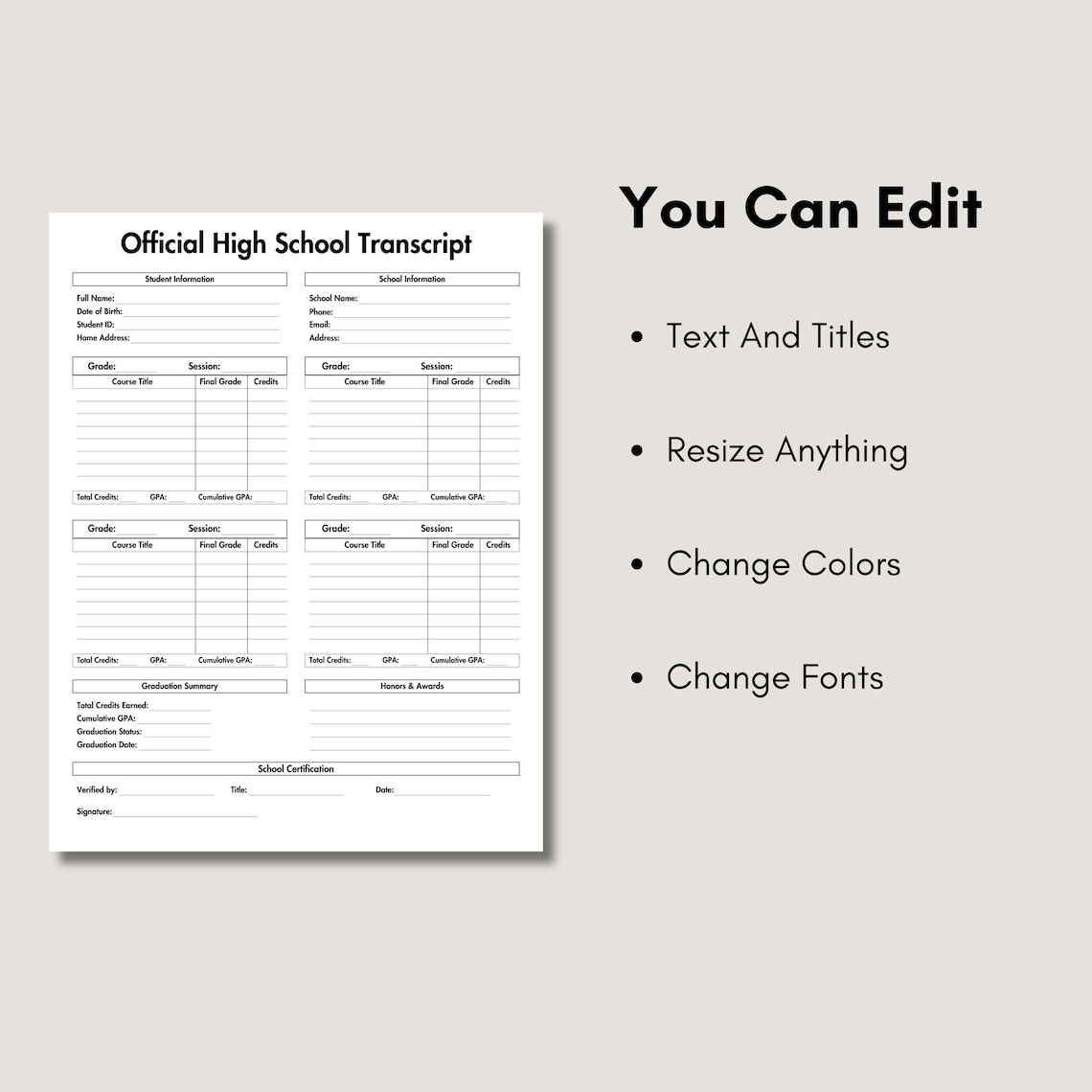 Editable High School Transcript Template, Home School Transcript Form ...