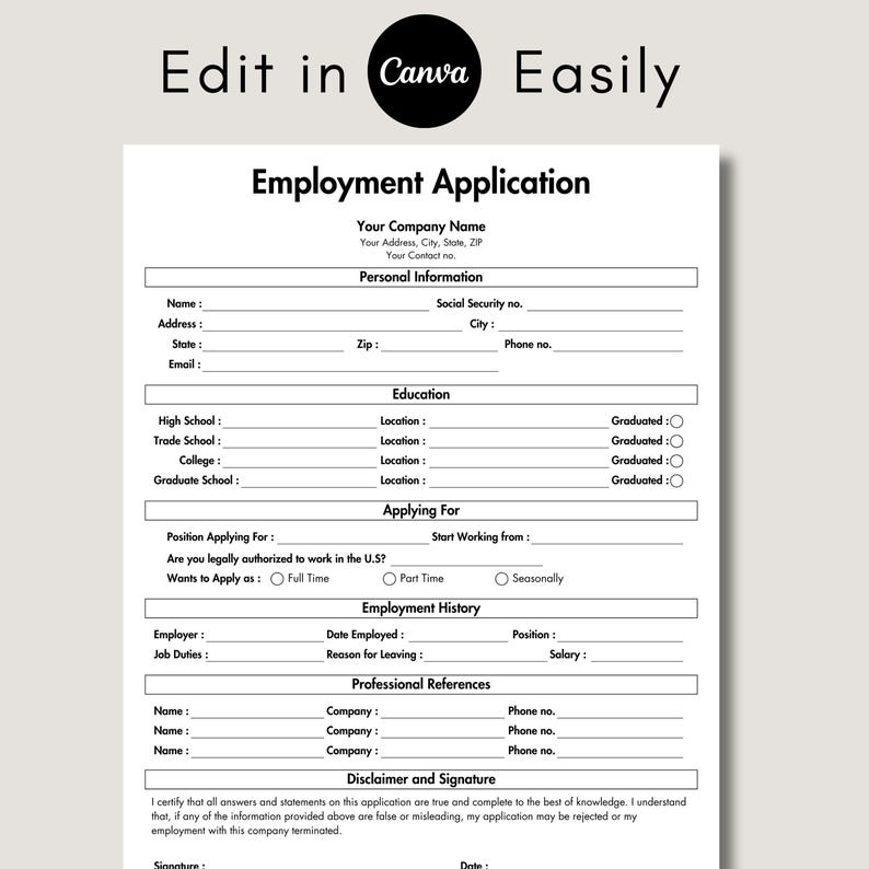 Employee Application, Editable & Printable Application for Employment ...
