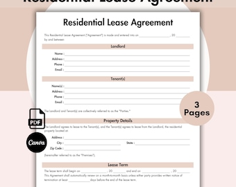 Residential Lease Agreement Template, Editable Simple Rental Lease Agreement, Landlord Forms, Housing Agreement, Printable Generic Lease