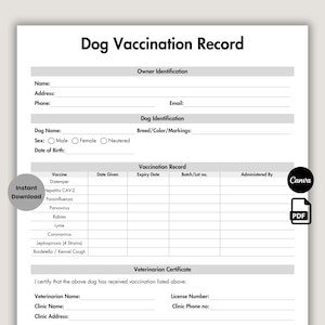 Peut inclure: Un modèle imprimable de carnet de vaccination pour chien, avec des sections pour les informations du propriétaire et du chien, les détails des vaccins et un certificat vétérinaire. Le document comprend des champs pour les noms des vaccins, les dates et les numéros de lot.