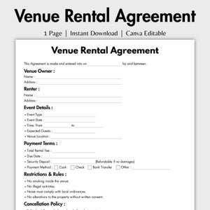 Puede incluir: Una plantilla de contrato de alquiler de local en blanco y negro. El documento incluye secciones para el propietario del local, el arrendatario, los detalles del evento, las condiciones de pago, las restricciones y la política de cancelación. El texto dice "1 página | Descarga instantánea | Canva Editable".