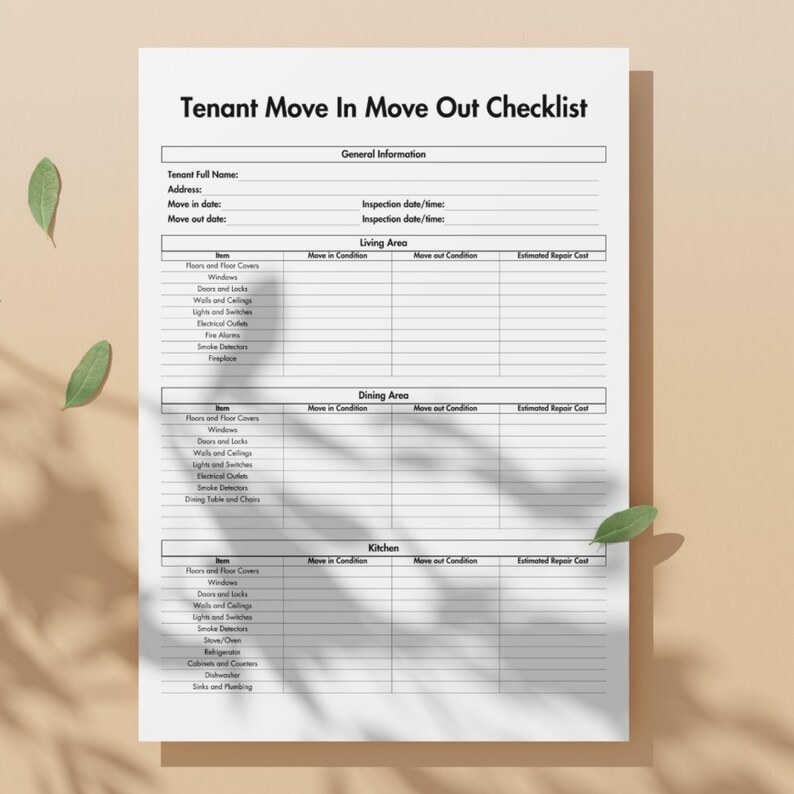 Tenant Move in Move Out Checklist Template, Printable Landlord ...