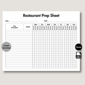 Op de afbeelding: Een witte restaurantvoorbereidingssheet met de titel "Restaurant Prep Sheet" in zwarte tekst. De sheet bevat kolommen voor artikelbeschrijving, station en dagelijkse voorbereidingsdetails. De woorden "Instant Download", "Canva" en "PDF" zijn ook zichtbaar.