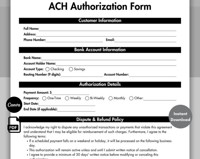 ACH Authorization Form Template - Debit Authorization for Payment ...