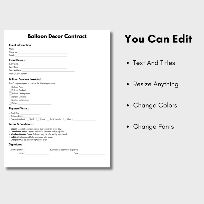 Color Contract Example One Page Balloon Decor Contract Template, Editable Balloon Decoration ...