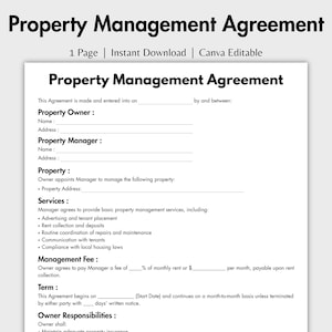 May include: A Property Management Agreement template with the title at the top. The document includes sections for Property Owner, Property Manager, Property, Services, Management Fee, Term, and Owner Responsibilities. The document is Canva editable.