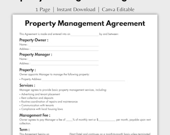 One Page Property Management Agreement, Editable Real Estate Contract form, Printable Property Manager, Property Owner Instant Download