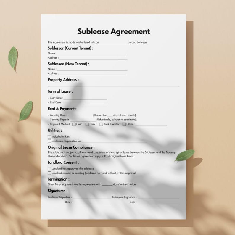 One Page Sublease Agreement, Editable Commercial Sublet Contract Form ...