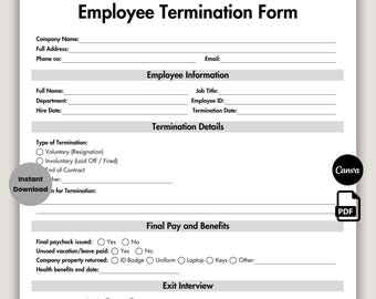 Employee Termination Form Template, Editable HR Terminate Employee Form, Employee Termination Sheet, Printable Employee Layoffs, Canva