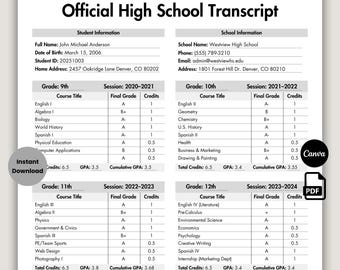 High School Transcript Template, Editable Home School Transcript Form, Homeschool Canva, Printable Grade Tracker, Instant Download PDF