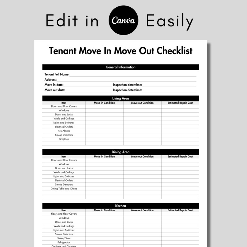 Tenant Move in Move Out Checklist Black, Printable Walkthrough ...