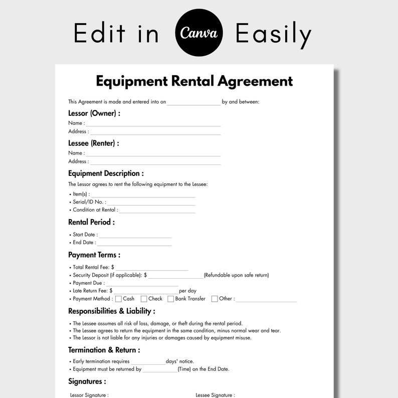 One Page Equipment Rental Agreement, Editable Lease Equipment Template ...