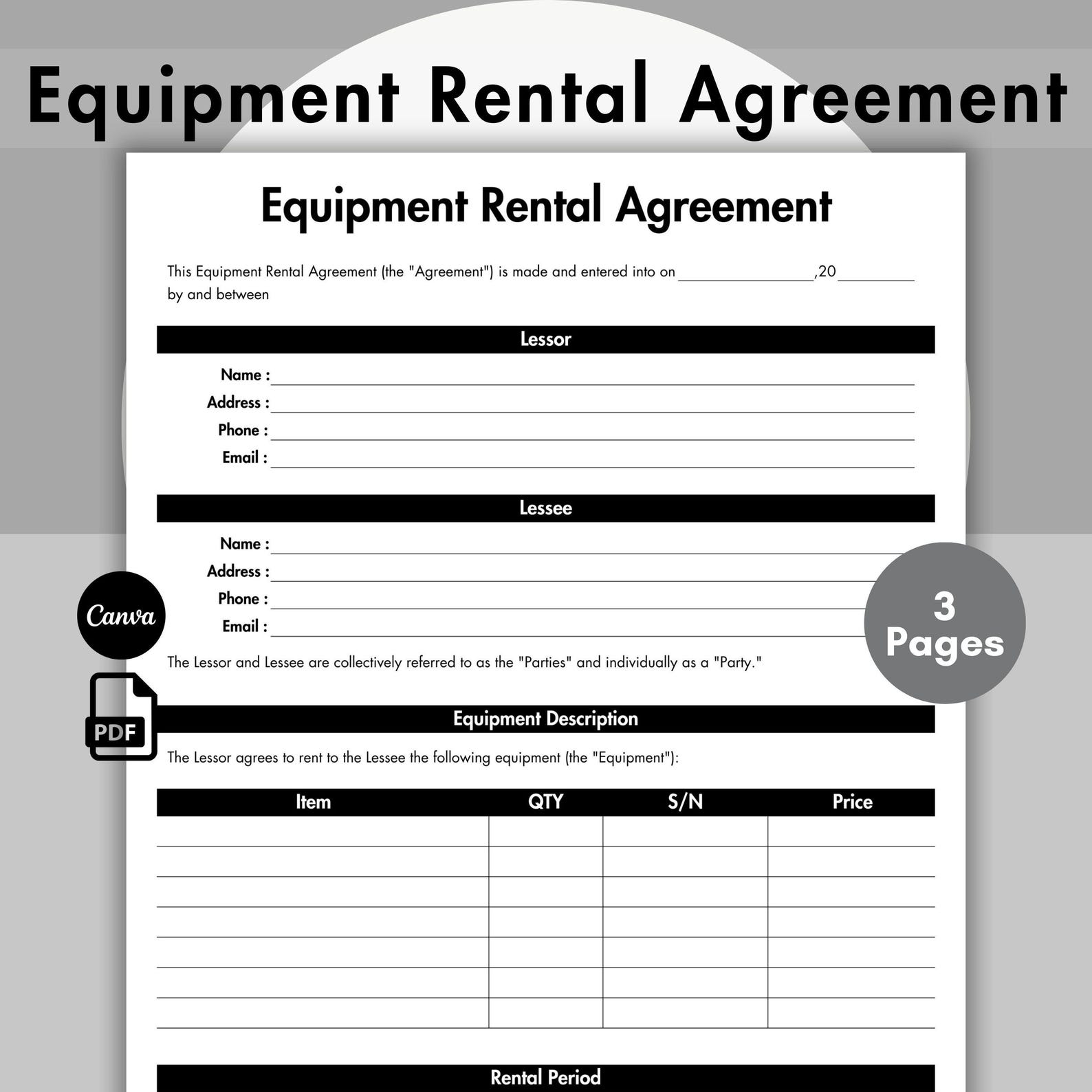 Editable Equipment Rental Agreement, Printable Equipment Rental ...