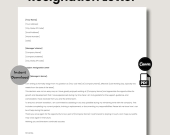 Editable Resignation Letter, Professional Work Resignation, Printable Job Resignation, Termination Letter, Formal Resignation Template