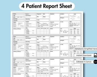 4 Patient Nurse Report Sheet, Nurse Brain Sheet, Printable Nursing Med Surg Report Sheet, ICU Nursing Handoff, Editable New Grad Rn Report