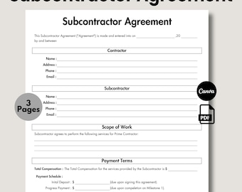 Subunternehmervereinbarung, druckbare und bearbeitbare Subunternehmervereinbarung, Konstruktionsformular, Canva