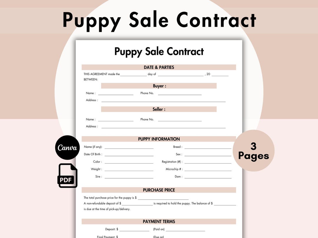 Printable Puppy Sales Contract, Puppy Deposit Contract, Breeder Forms