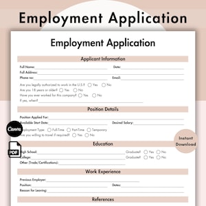 Employment Application, Editable Job Application Template, New Employee Application Form, Printable HR Template, Application for Employment
