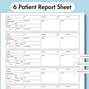 6 Patient Nurse Report Sheet, Editable Nurse Brain Sheet, Printable Nurse Med Surg Report Sheet, ICU Nursing Handoff, New Grad Rn Report