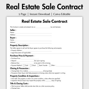 May include: A Real Estate Sale Contract template with fields for seller, buyer, property description, purchase price, and closing details. The document is labeled as a 1-page instant download, editable in Canva.