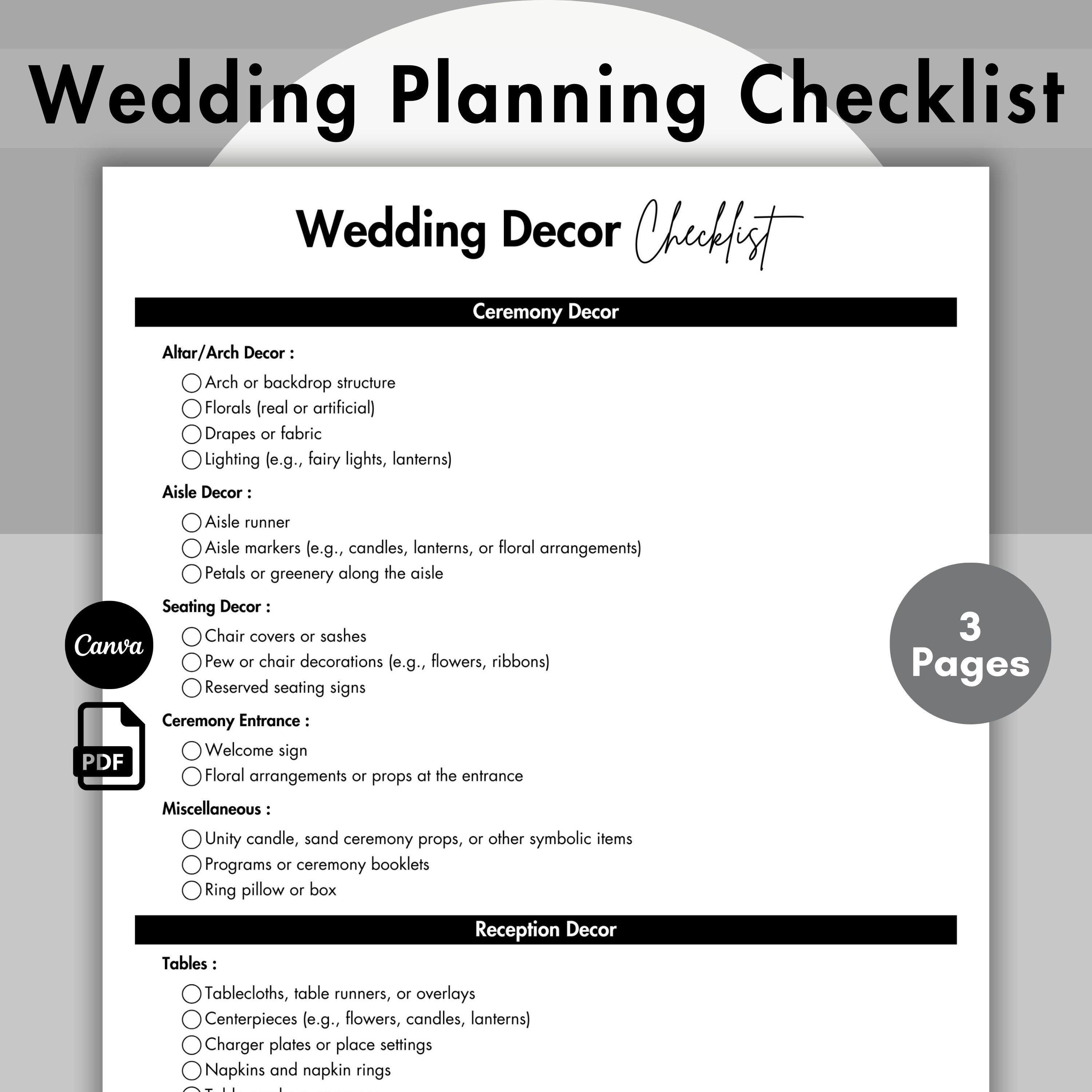 Modern Editable Wedding Decor Checklist