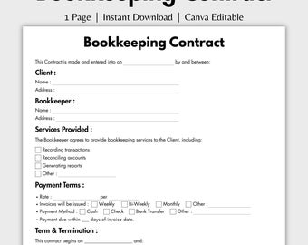 Einseitiger Buchhaltungsvertrag, bearbeitbare freiberufliche Buchhalterformvorlage Canva, druckbare Vereinbarung über Buchhaltungsdienste, sofortiger Download